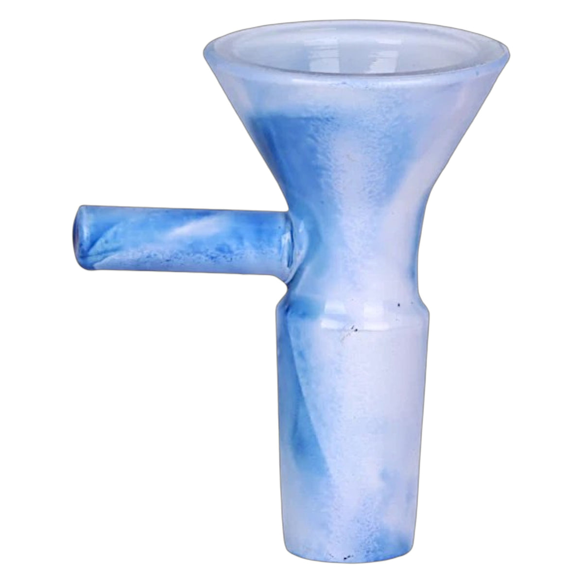 Blue marbled 14mm male herb bowl with a flared funnel-style opening, short side handle, and frosted glass texture on a white background. The Wee Smoke Shop