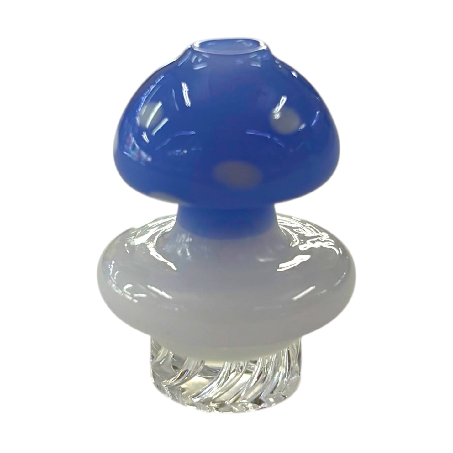 Blue mushroom dab carb cap with white spots, rounded glass top, and clear textured base. - The Wee Smoke Shop