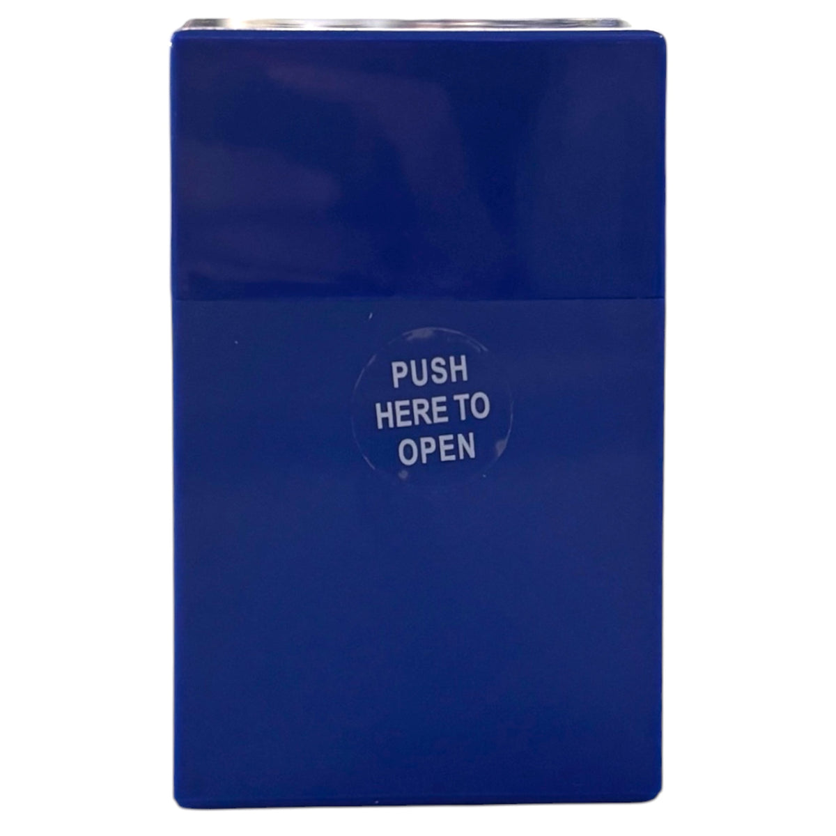 Blue hard shell cigarette case with a slim rectangular shape, shiny finish, and “push here to open” button on the front.