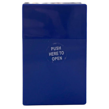 Blue hard shell cigarette case with a slim rectangular shape, shiny finish, and “push here to open” button on the front.