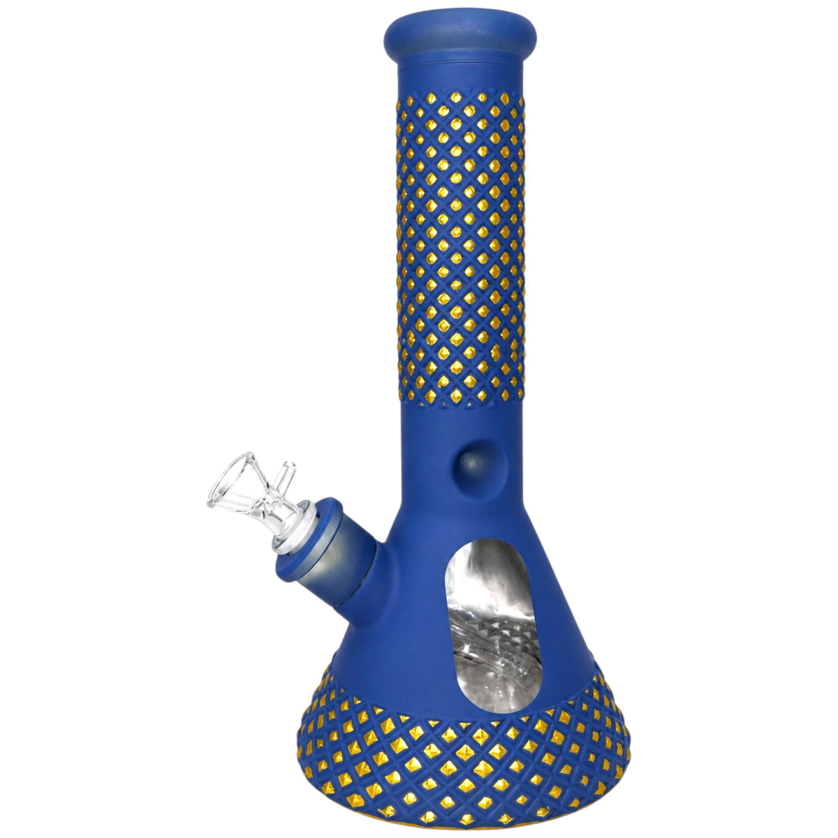 Blue beaker bong with a yellow diamond-pattern design on the neck and base, clear oval viewing window, angled glass bowl, and matching blue accents.