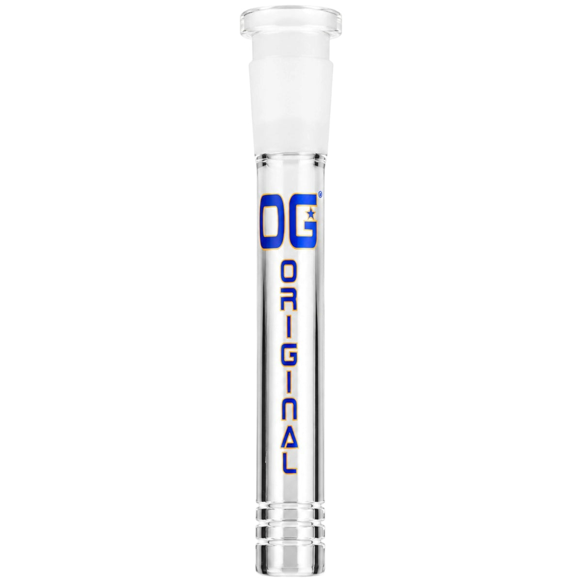 Clear glass downstem with blue and gold “Original OG” branding and a frosted joint, shown upright on a white background.