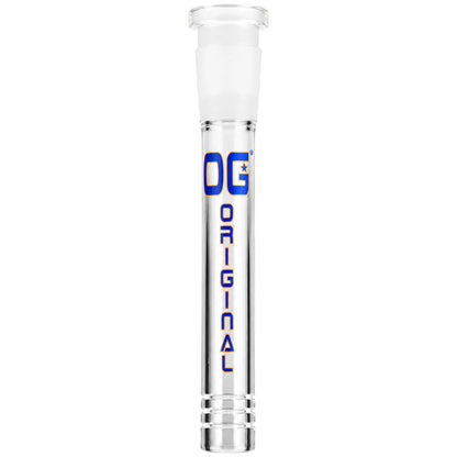 Clear glass downstem with blue and gold “Original OG” branding and a frosted joint, shown upright on a white background.