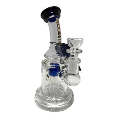 Clear glass smoking rig with blue accents on a white background