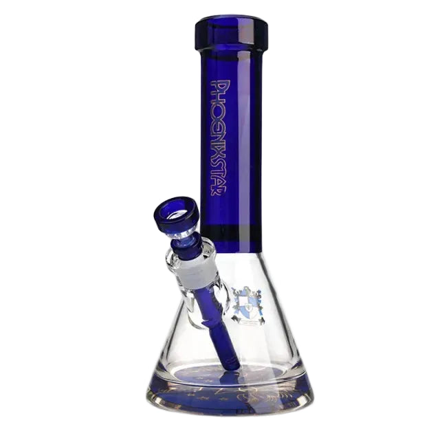 Glass water pipe with blue accents on a white background
