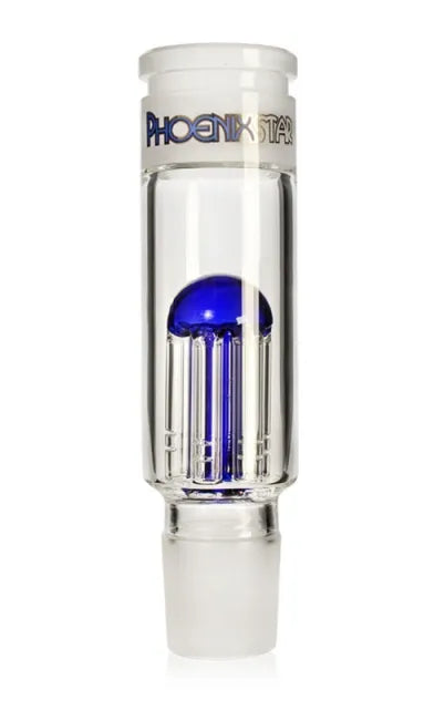 Clear glass smoking accessory with blue accent and 'Phoenix Star' branding on a white background