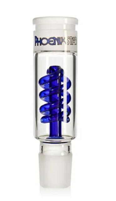 Glass smoking accessory with blue spiral perc on a white background