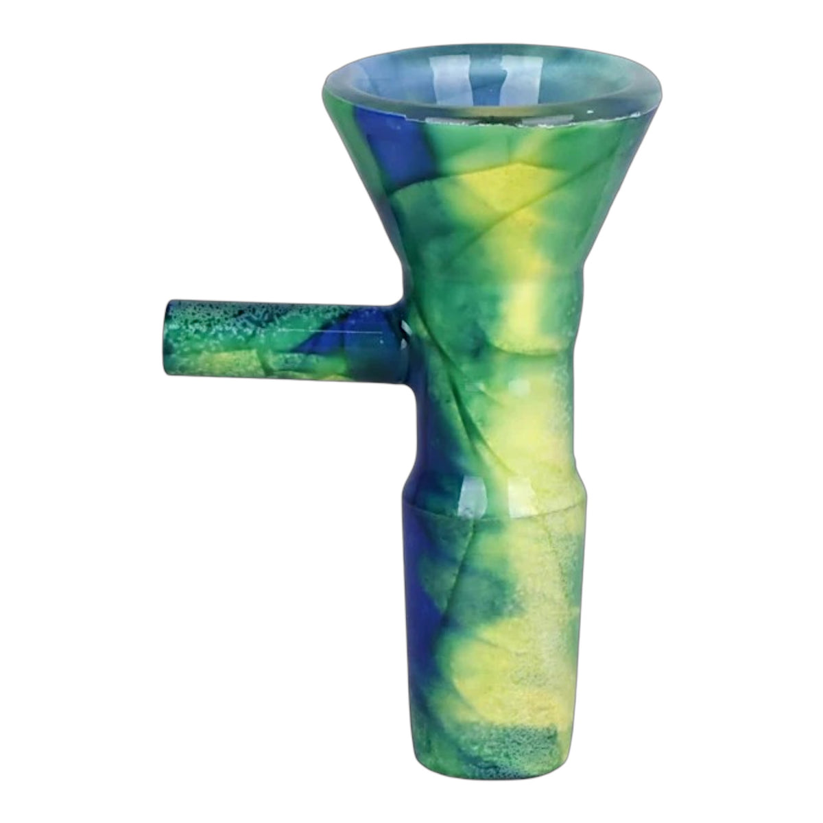 Yellow and green marbled 14mm male herb bowl with a blue-green side handle, flared bowl opening, and frosted glass finish on a white background. The Wee Smoke Shop