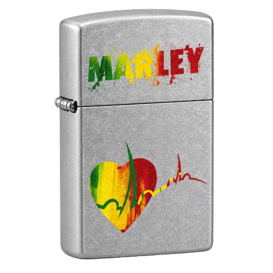 Zippo lighters with 'Marley' and heart design in Rastafarian colors on a metallic finish.