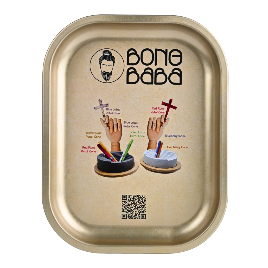 A square metal rolling tray wrapped in clear plastic, featuring the 'Bong Baba' brand name and illustrations of different cannabis cone styles on a white background.