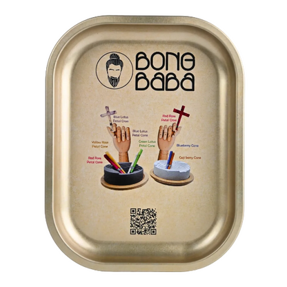 A square metal rolling tray wrapped in clear plastic, featuring the 'Bong Baba' brand name and illustrations of different cannabis cone styles on a white background.