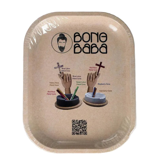 A square cardboard rolling tray wrapped in clear plastic, featuring the 'Bone Baba' brand name and illustrations of different cannabis cone styles on a white background.