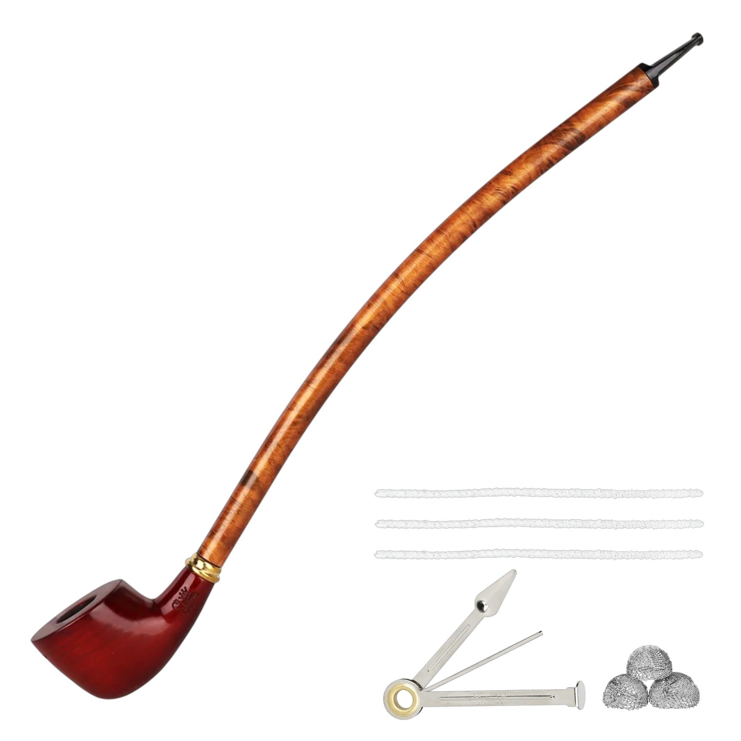 Pulsar Shire Pipes long-stem pipe with a reddish-brown bowl, curved wood-look brown stem, white pipe cleaners, folding pipe tool, and silver mesh screens shown on a white background. - The Wee Smoke Shop