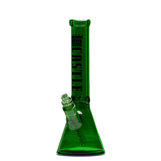 Green glass bong with 'CASTLE' branding on a green background