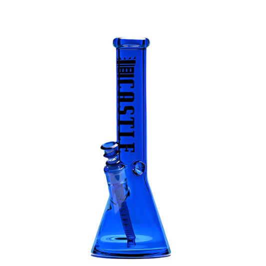 Blue glass water pipe with 'Castle' branding on a white background