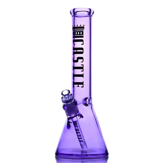 Purple glass water pipe with 'castle' branding on a white background