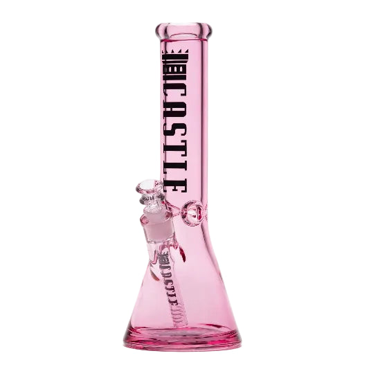 Pink glass water pipe with 'castle' branding on a white background