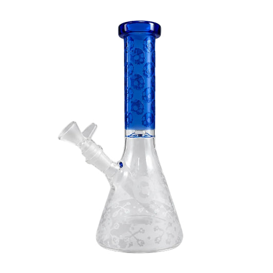 Glass water pipe with blue accent on a white background