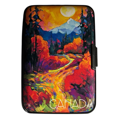 Slim hard shell Canada card wallet featuring a colourful textured oil painting style print of a Canadian autumn landscape with a winding yellow path, red and orange trees, dark pine silhouettes, and a snow-capped mountain under a full moon. The word “CANADA” is printed in white at the bottom. - The Wee Smoke Shop