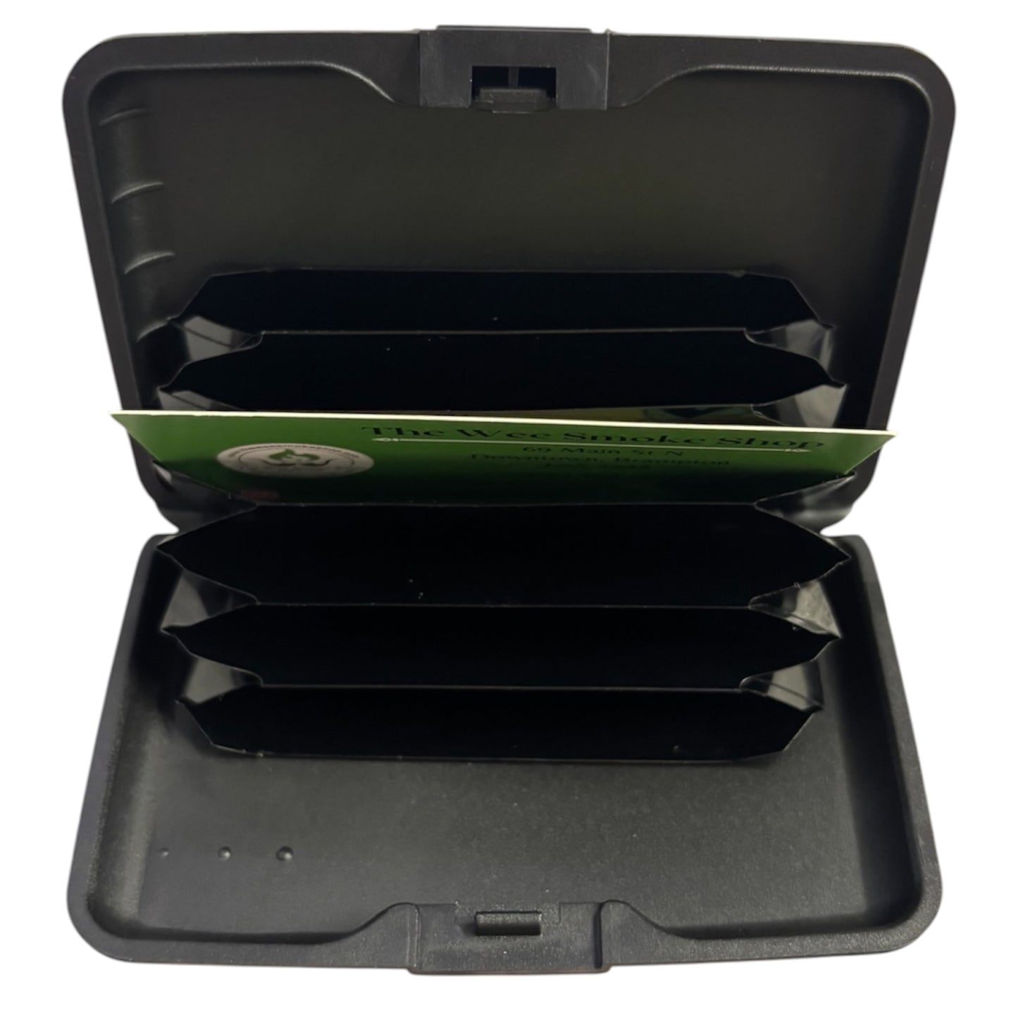 Open black hard shell card wallet showing a slim accordion-style interior with multiple card slots for IDs, bank cards, business cards, and loyalty cards. - The Wee Smoke Shop