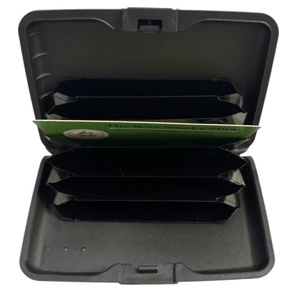 Open black hard shell card wallet showing a slim accordion-style interior with multiple card slots for IDs, bank cards, business cards, and loyalty cards. - The Wee Smoke Shop