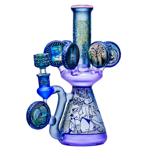 Blue and purple glass smoking device with intricate designs on a white background