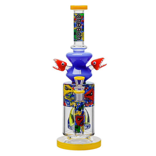 Colorful glass smoking device with fish design on a white background