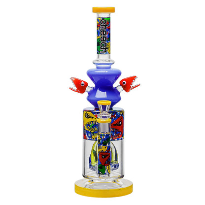 Colorful glass smoking device with fish design on a white background