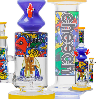 Colorful glass smoking accessories with 'Cheech' branding on a white background