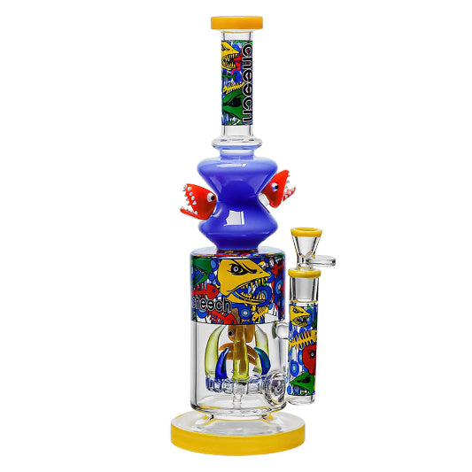 Colorful glass smoking device with fish design on a white background