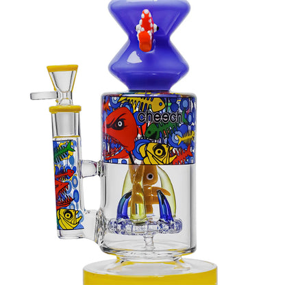 Colorful glass smoking device with fish designs and 'cheech' branding on a white background