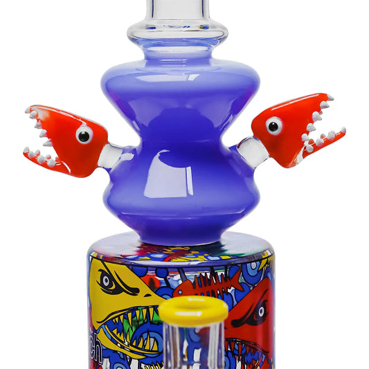 Colorful glass smoking accessory with fish designs on a white background