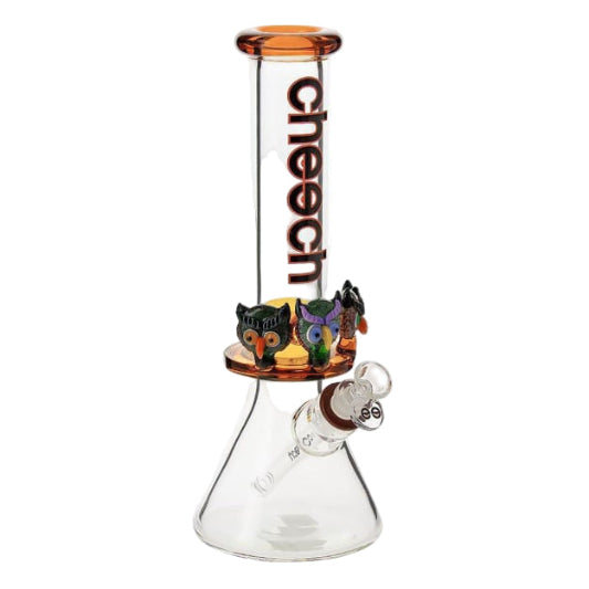 Glass smoking device with 'Cheech' branding on an orange accent against a white background