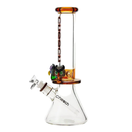 Glass smoking device with colorful components on a white background