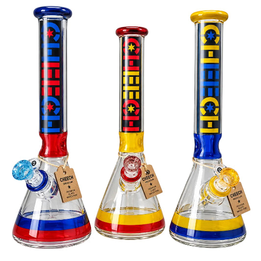 Three Cheech 16-inch retro bongs in red, blue, and yellow colors with decorative patterns.