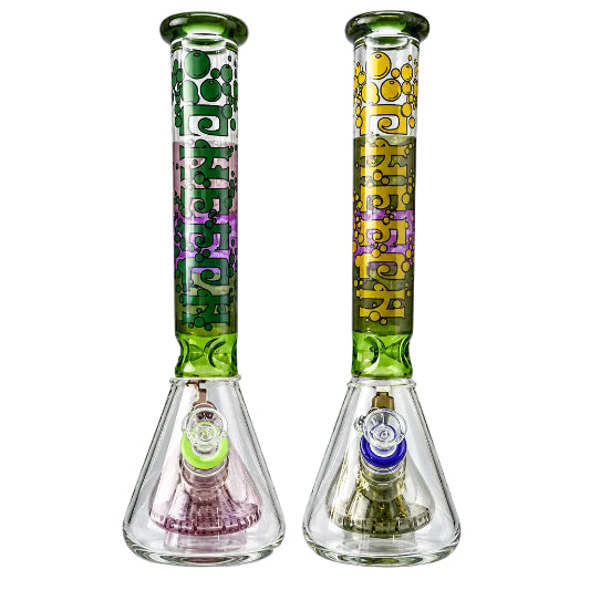 Two artistic 17-inch glass bongs with bubble designs and triangle percolators, one with a green and pink color scheme, and the other with a yellow and purple color scheme.