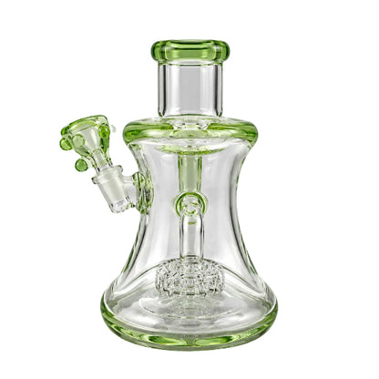 Clear glass water pipe with green accents on a white background