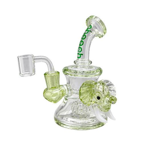 Glass water pipe with green accents on a white background