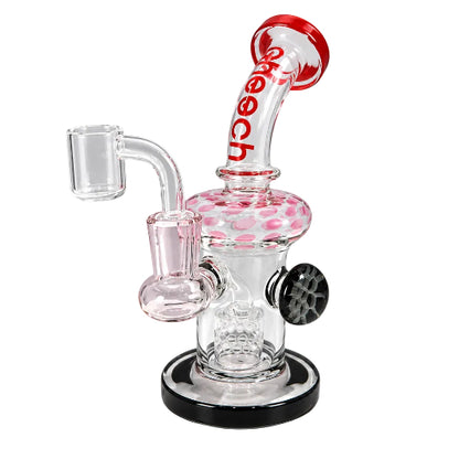 Glass smoking device with red and white accents on a white background