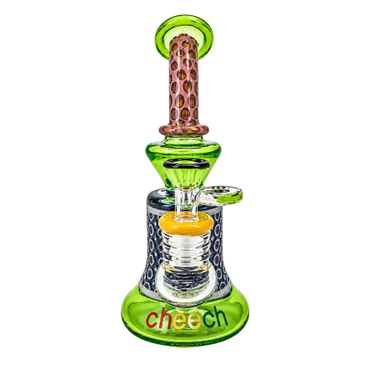 Glass smoking device with green base and colorful top on a white background