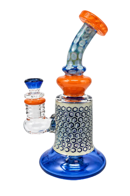 Colorful glass smoking device with blue, orange, and patterned sections on a white background