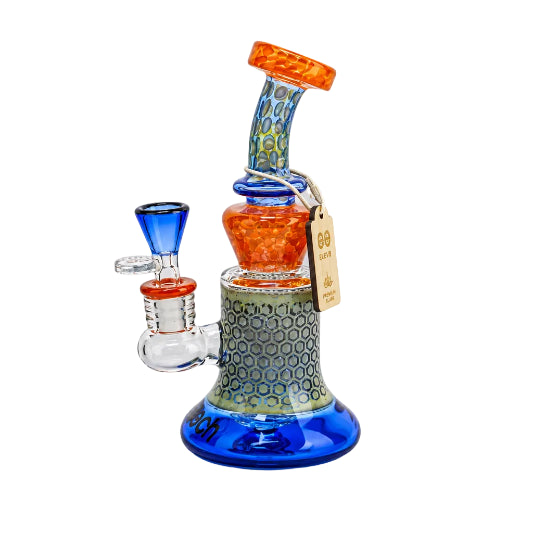Glass smoking device with blue and orange accents on a white background