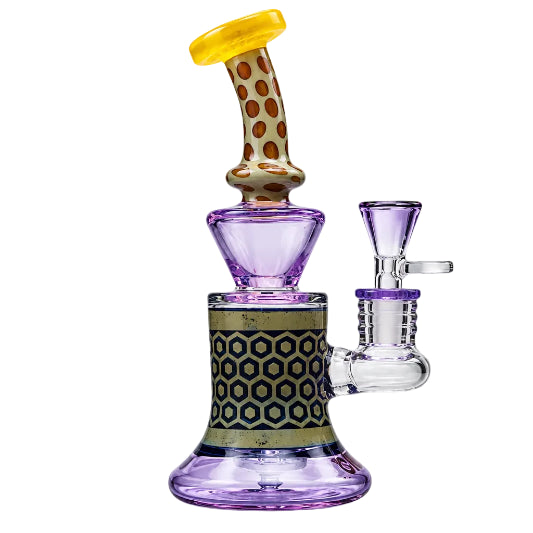 Glass smoking device with purple base and yellow top on a white background