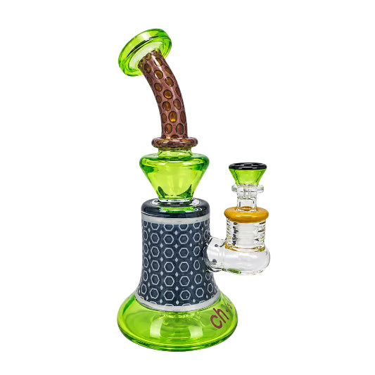 Glass smoking device with green and clear components on a white background