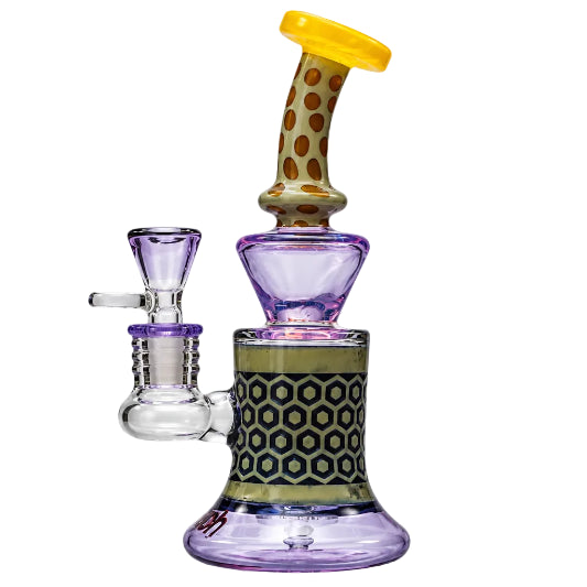 Glass smoking device with purple base and yellow top on a white background
