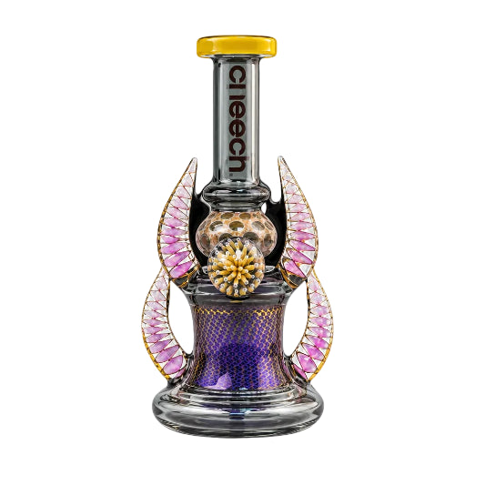 Glass smoking device with wing-like structures and 'Cheech' branding on a white background