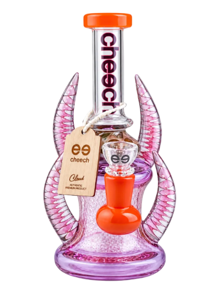 Glass smoking device with pink and orange design on a white background