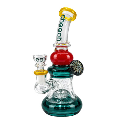 Glass smoking device with colorful design on a white background