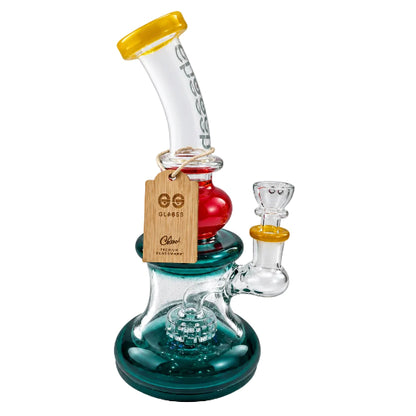 Glass smoking device with a wooden tag on a white background