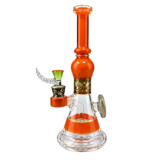 Glass smoking device with orange and clear sections on a white background